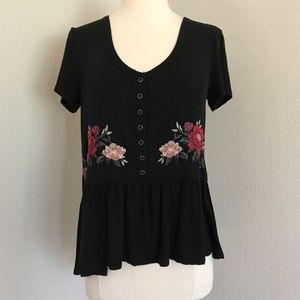American Eagle Soft Black Embroidered Peplum Top S